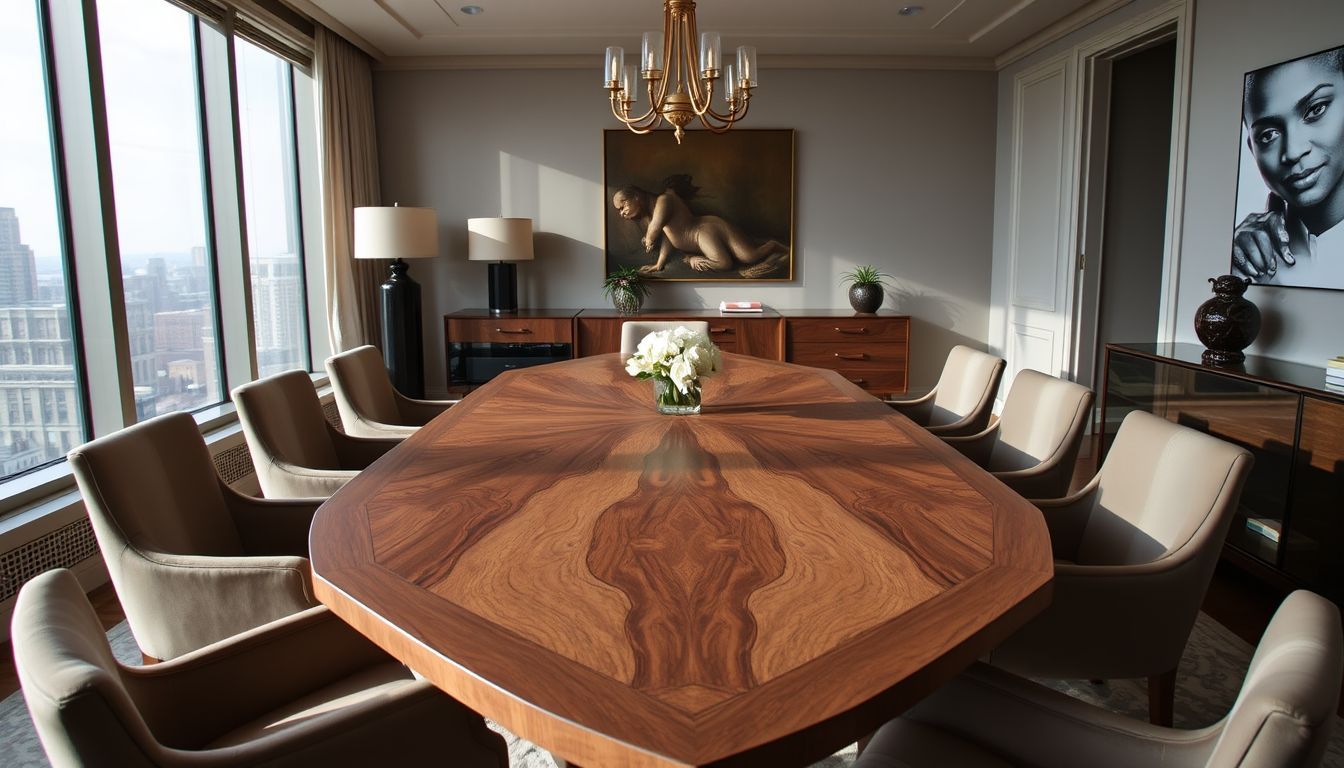 A custom-made luxurious dining table in a stylish New York City penthouse.