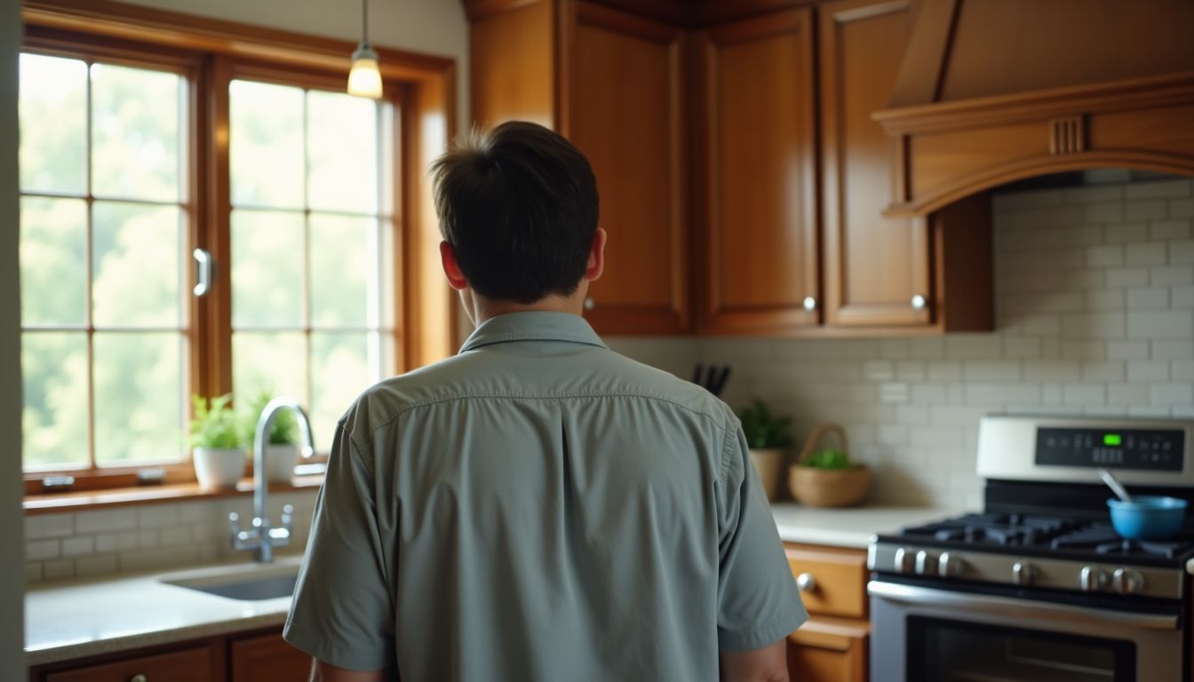 A homeowner stands in a modern kitchen admiring custom millwork cabinets with elegant hardware
